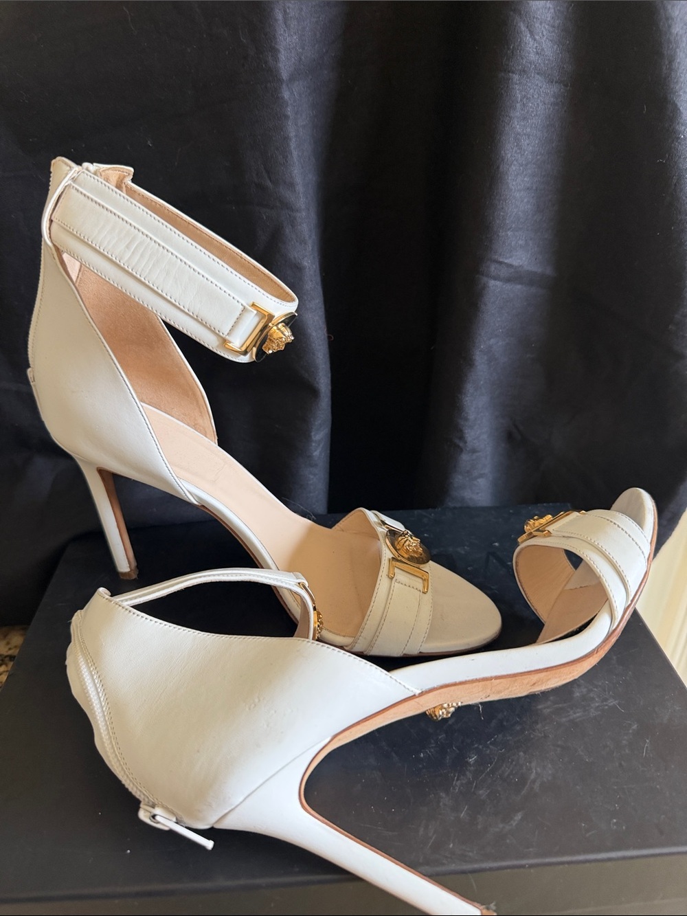Versace White Leather Ankle-Strap Stiletto Sandals with Gold Medallions